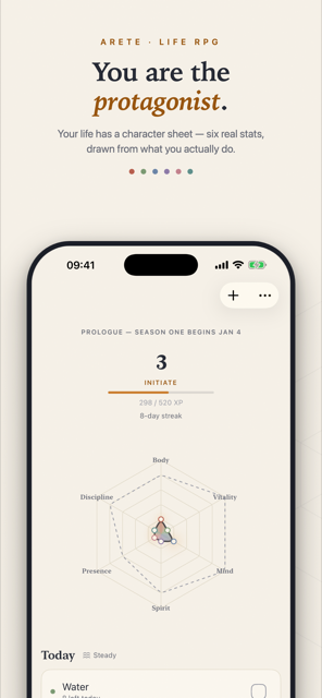 The Arete home screen: a level, a six-sided radar chart, and today's quests