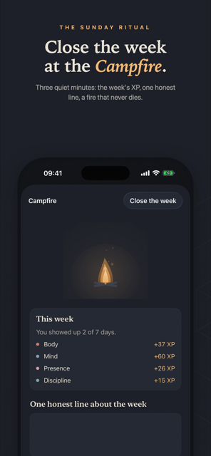 The weekly Campfire review screen with a warm ink fire