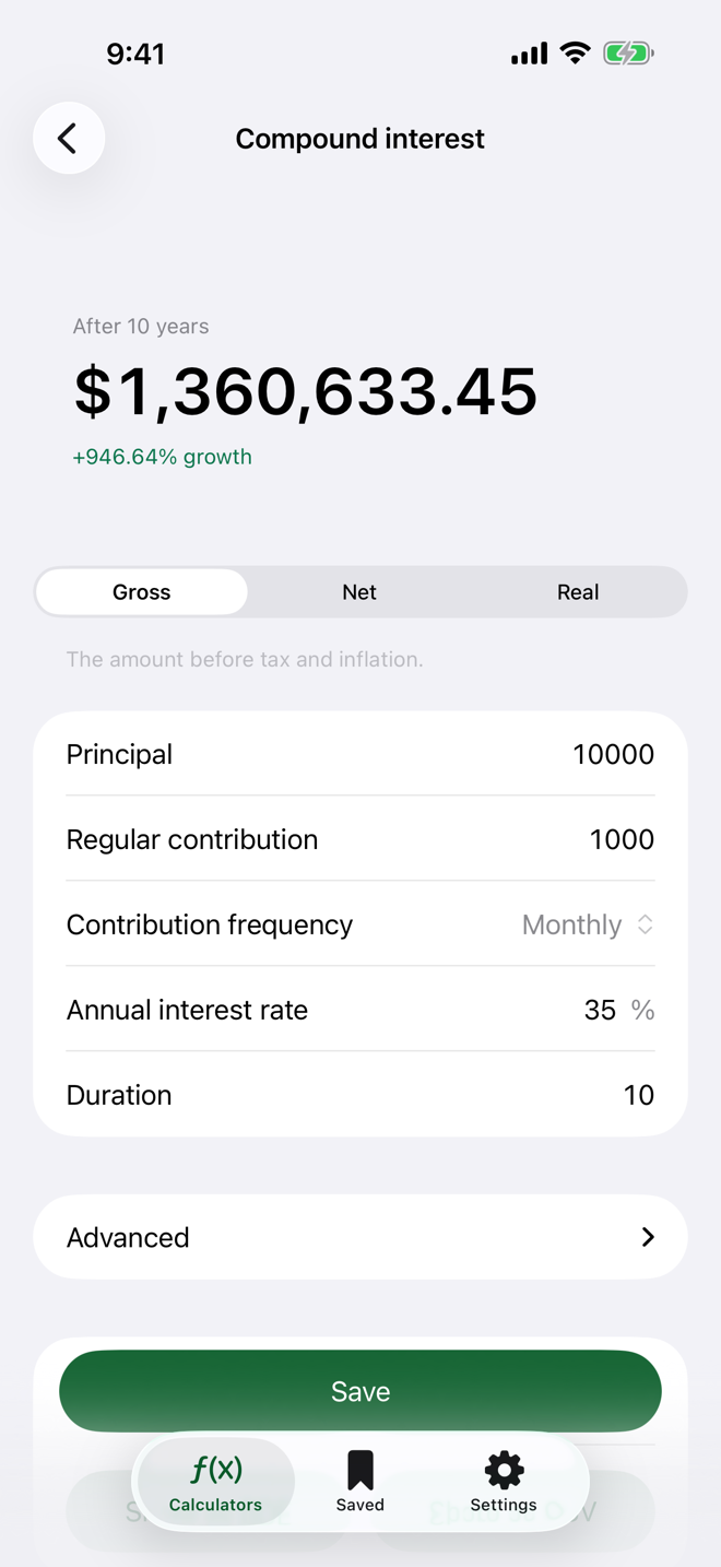The compound interest screen: the amount after ten years, a gross/net/real selector and the input rows