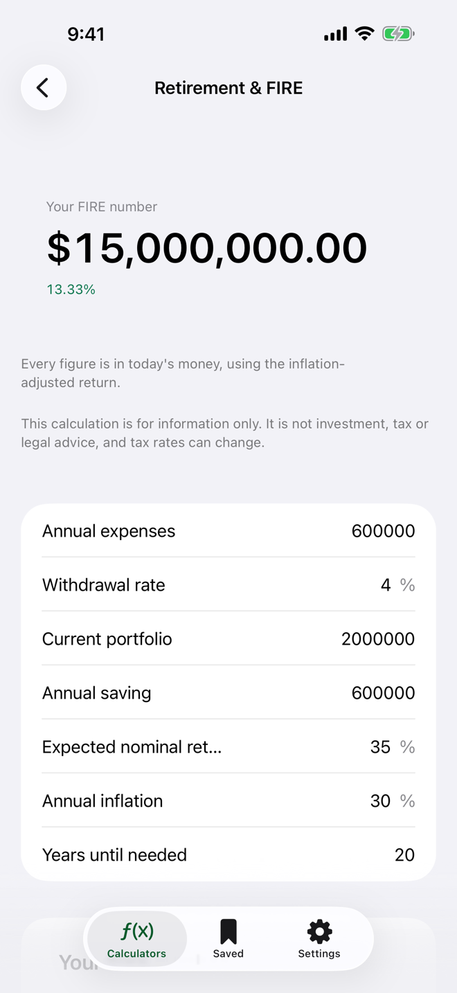 The retirement and FIRE screen: the FIRE number, withdrawal rate and annual saving inputs