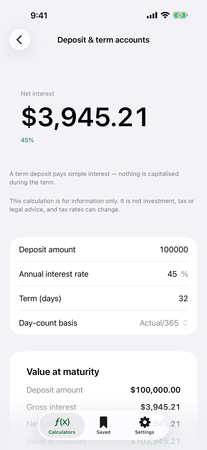 The deposit and term account screen: a term in days and the net yield after withholding