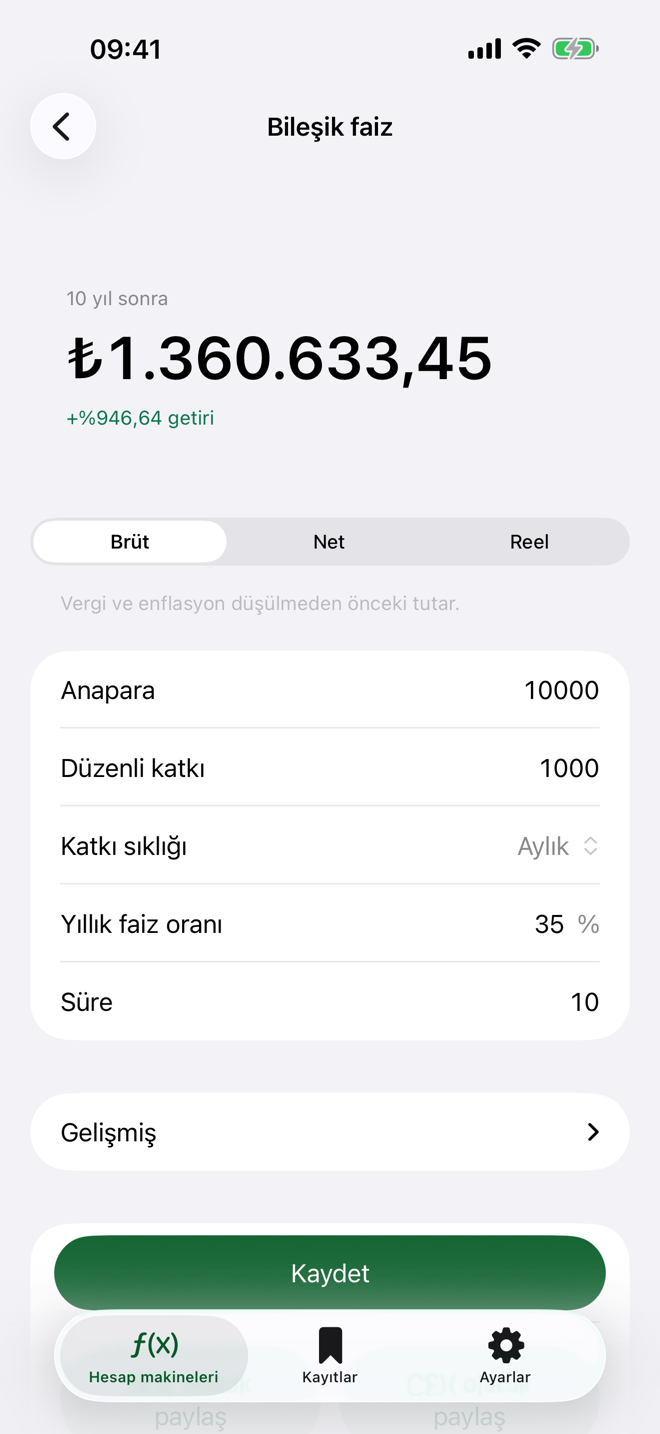 Bileşik faiz ekranı: on yıl sonraki tutar, brüt/net/reel seçici ve girdi satırları
