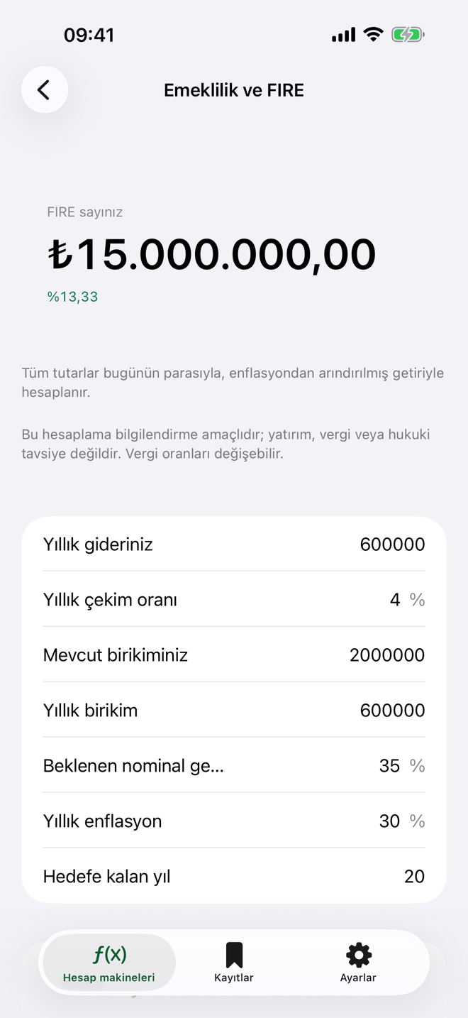 Emeklilik ve FIRE ekranı: FIRE hedefi, çekim oranı ve yıllık birikim girdileri