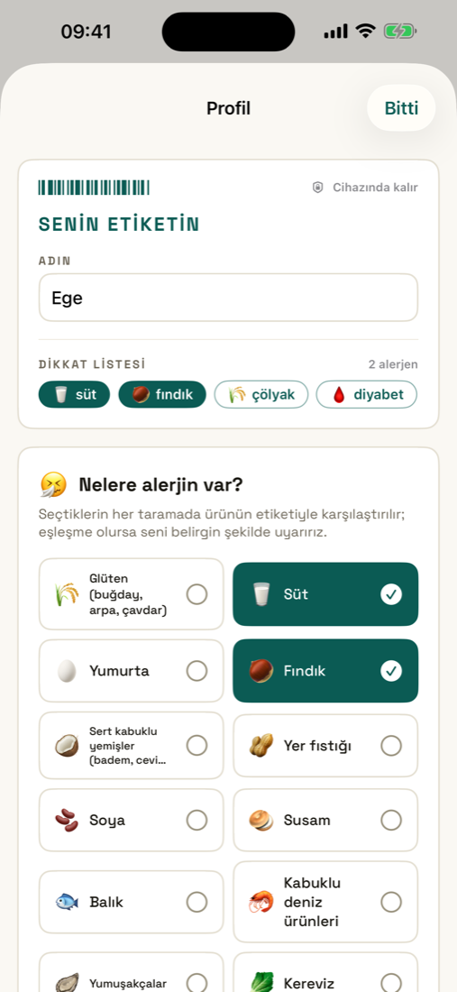 Alerjen profili ekranı: cihazda kalan «senin etiketin» kartı ve seçili süt, fındık alerjenleri