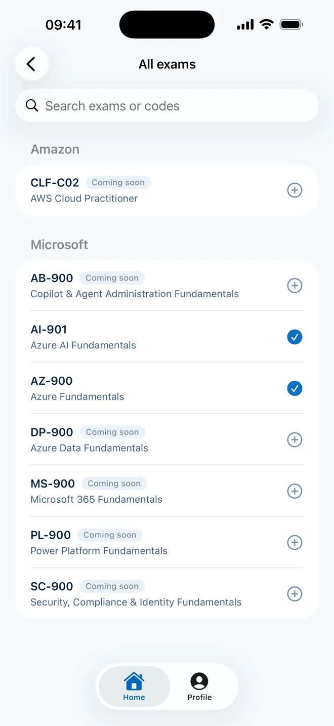CertStreak exam catalog with upcoming certifications