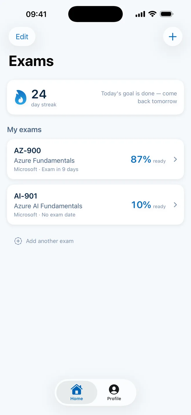 CertStreak home screen with study streak and exam readiness