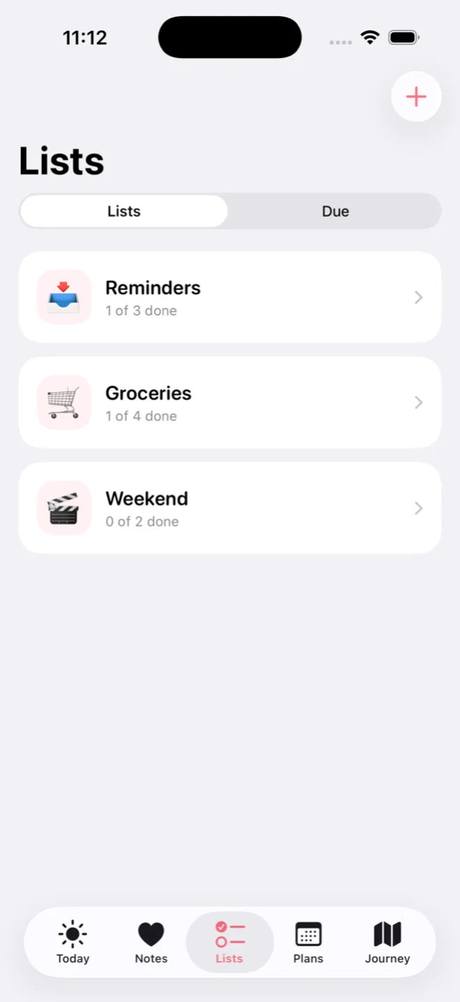 Duet shared lists with groceries and reminders, showing completion counts
