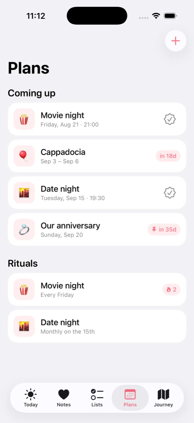 Duet plans screen with events, trips and rituals