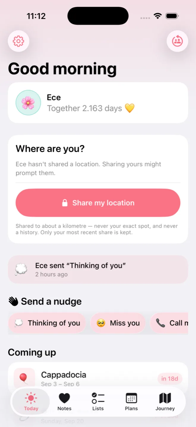 Duet Today screen showing days together, location sharing, nudges and an upcoming trip