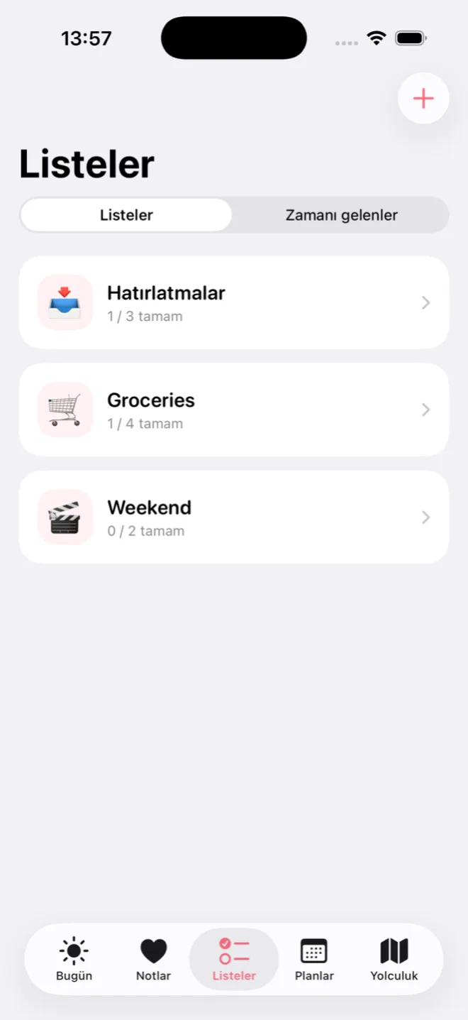 Duet ortak listeleri: market ve hatırlatmalar, tamamlanma sayılarıyla