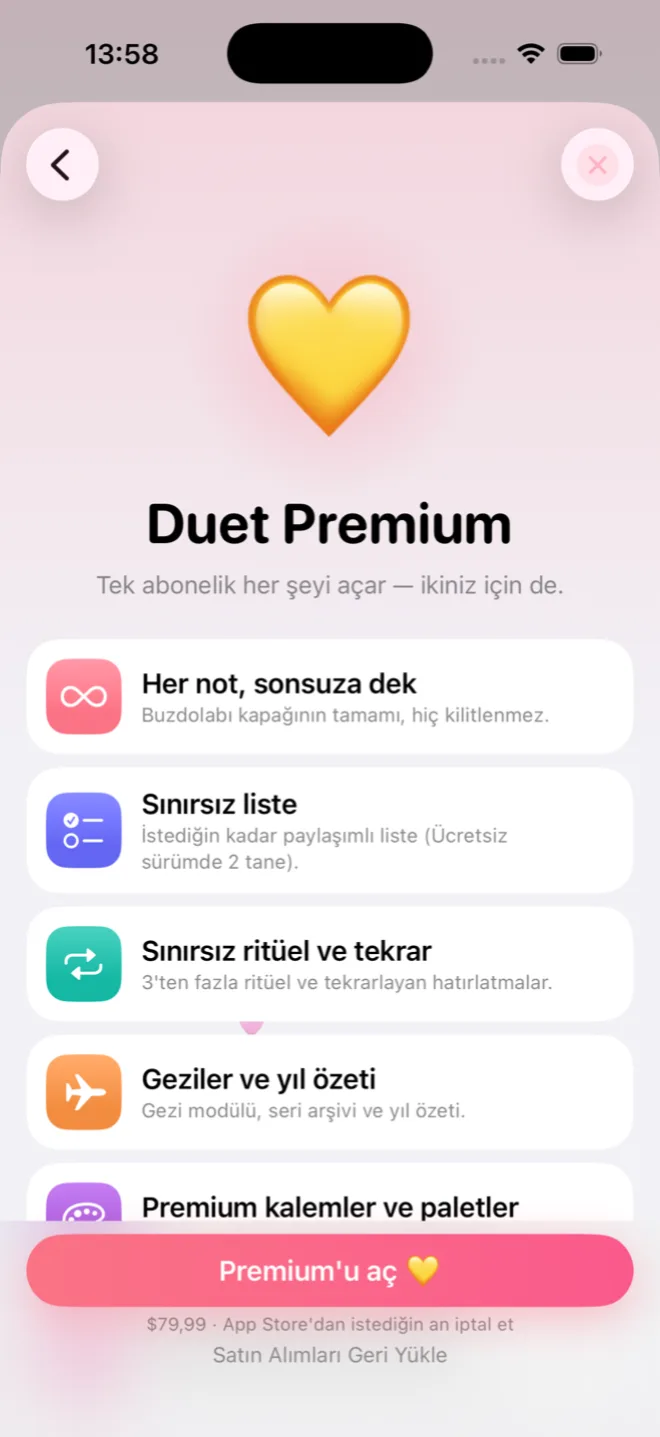 Duet Premium planları — yıllık, aylık ve ömür boyu