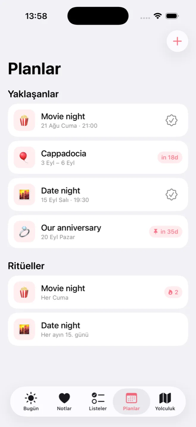 Duet planlar ekranı: etkinlikler, geziler ve ritüeller