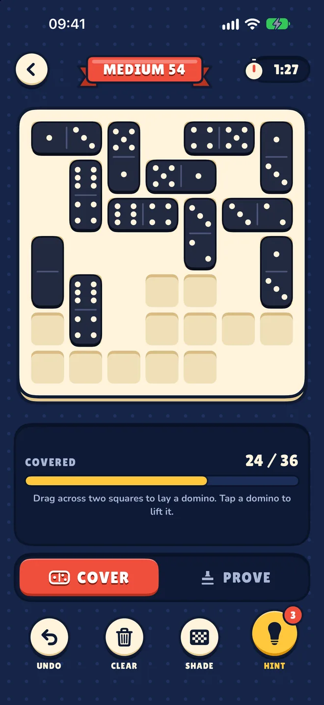 A No Way! Puzzle board two-thirds covered with dominoes