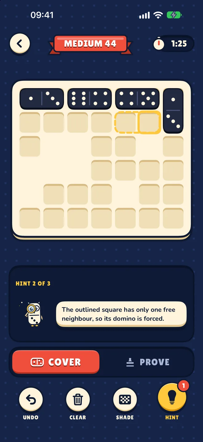 Hint 2 of 3 from the owl outlining a square whose domino is forced