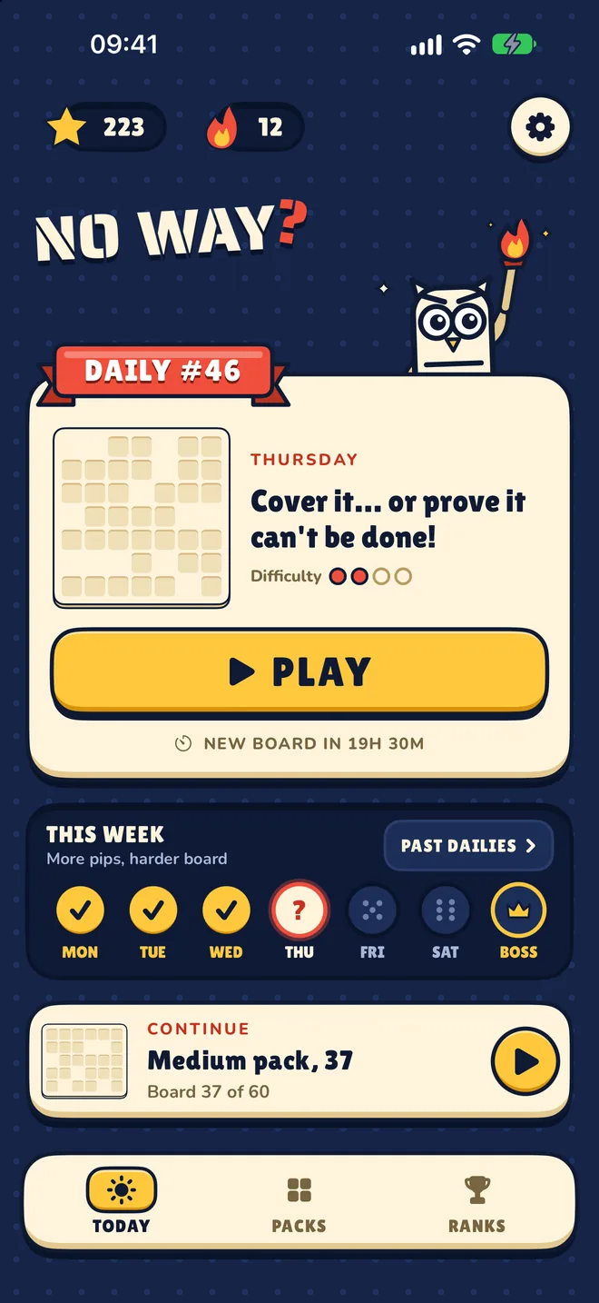 Today screen with the daily board, a 12-day streak and this week's coins