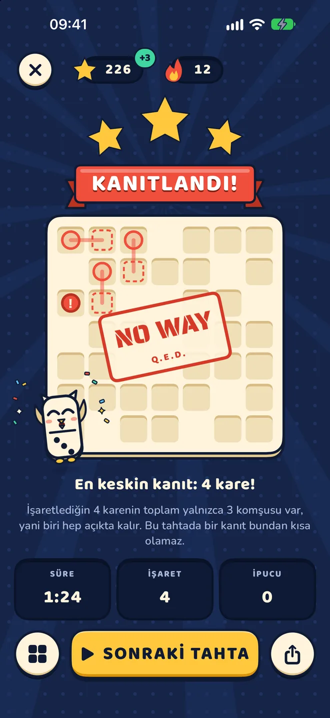 Üç yıldız ve NO WAY damgasıyla sonuç ekranı: en keskin kanıt, 4 kare