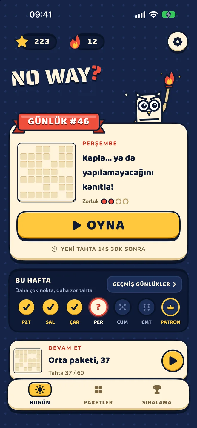 Günlük tahta, 12 günlük seri ve haftanın paralarıyla Bugün ekranı