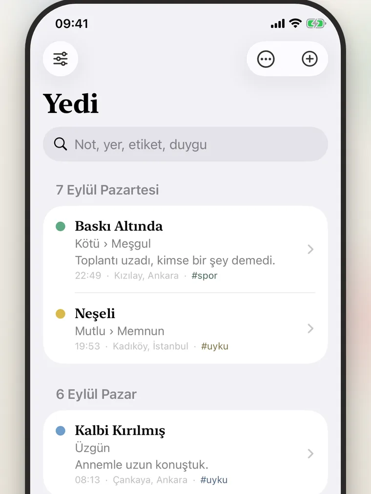 Yedi kayıt ekranında seçilmiş kesin bir duygu kelimesi