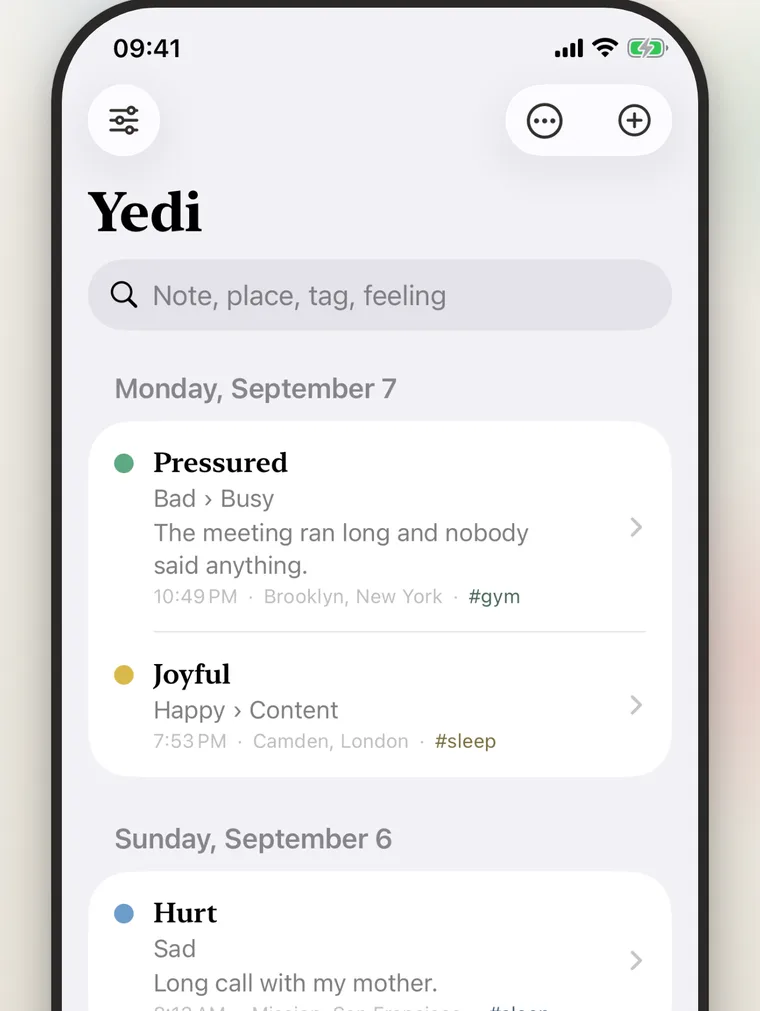 Yedi entry screen with a precise feeling word chosen